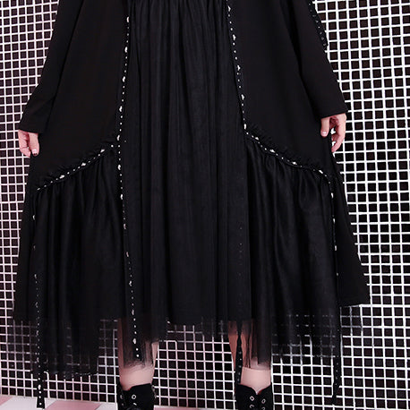 Baggy Black Fall Dresses Patchwork Tulle Asymmetrical Design O Neck Rivet Knee Dresses