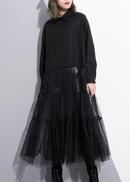Baggy Black Cotton Dress Patchwork Tulle Clothing Dresses New Lapel Collar Kaftans