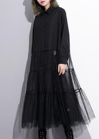 Baggy Black Cotton Dress Patchwork Tulle Clothing Dresses New Lapel Collar Kaftans