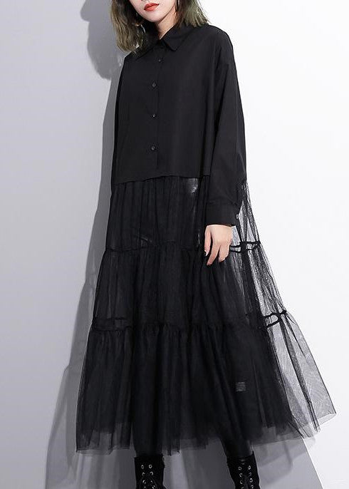 Baggy Black Cotton Dress Patchwork Tulle Clothing Dresses New Lapel Collar Kaftans