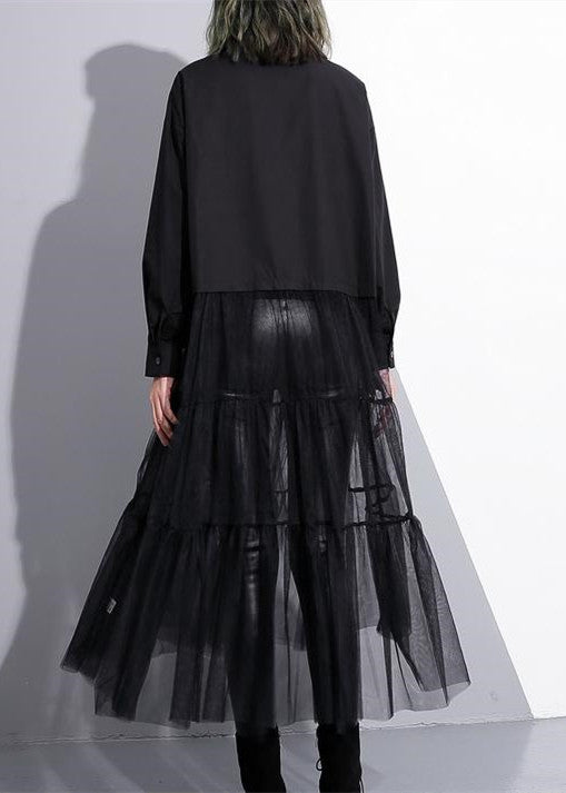 Baggy Black Cotton Dress Patchwork Tulle Clothing Dresses New Lapel Collar Kaftans