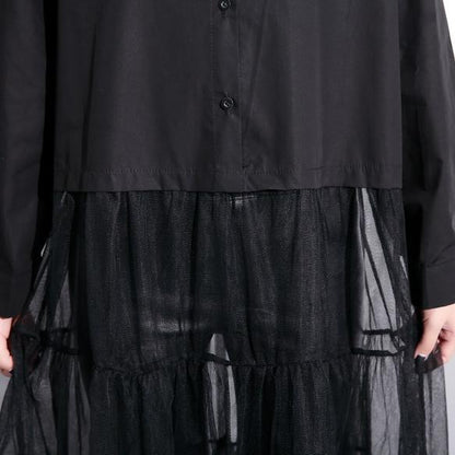 Baggy Black Cotton Dress Patchwork Tulle Clothing Dresses New Lapel Collar Kaftans