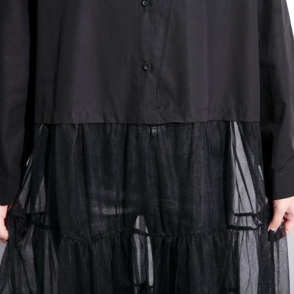 Baggy Black Cotton Dress Patchwork Tulle Clothing Dresses New Lapel Collar Kaftans