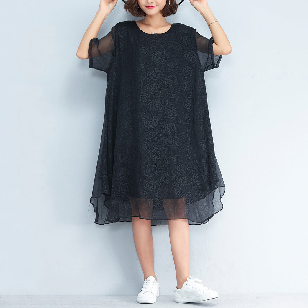 Baggy Black Chiffon Knee Dress Oversized Traveling Clothing Short Sleeve Layered Chiffon Dress