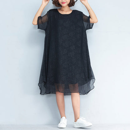 Baggy Black Chiffon Knee Dress Oversized Traveling Clothing Short Sleeve Layered Chiffon Dress
