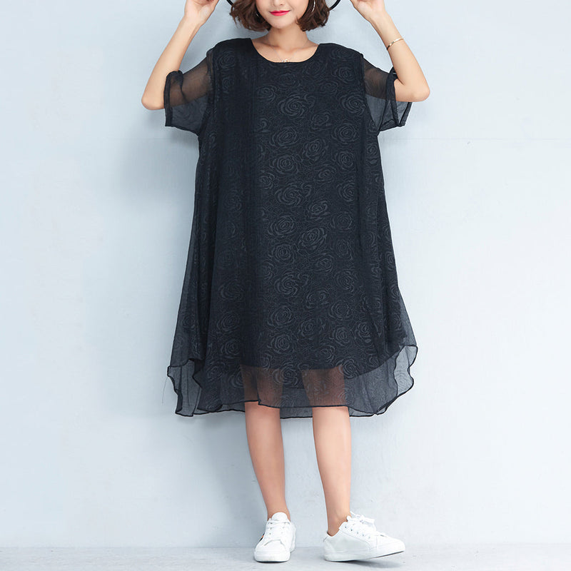 Baggy Black Chiffon Knee Dress Oversized Traveling Clothing Short Sleeve Layered Chiffon Dress