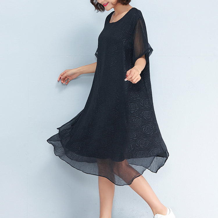 Baggy Black Chiffon Knee Dress Oversized Traveling Clothing Short Sleeve Layered Chiffon Dress