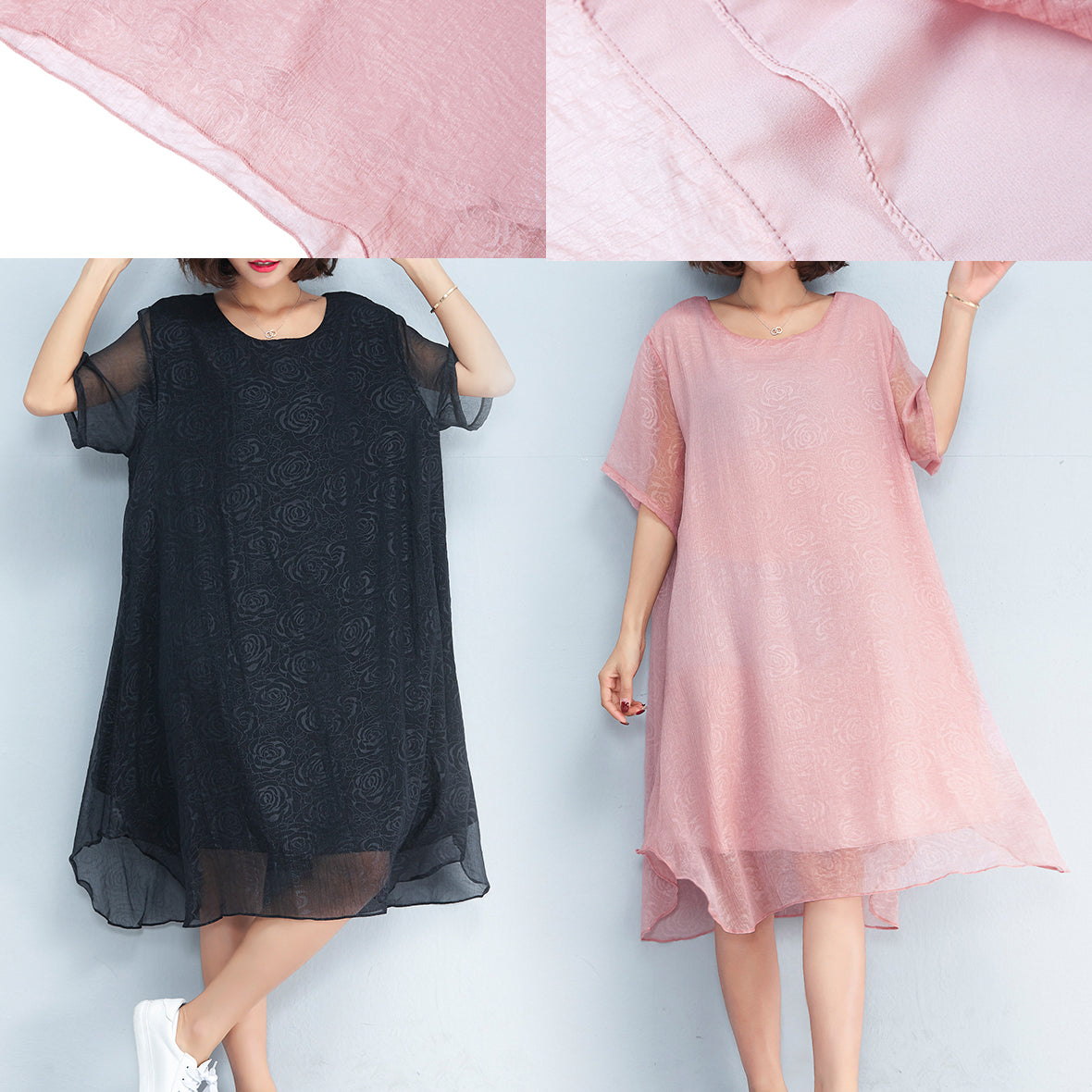 Baggy Black Chiffon Knee Dress Oversized Traveling Clothing Short Sleeve Layered Chiffon Dress