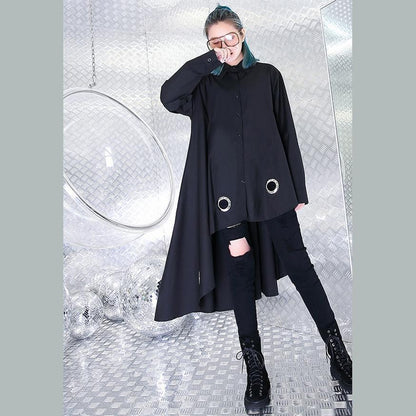 Baggy Black Knee Dress Cotton Dress Asymmetrical Design Peter Pan Collar Clothing Dress