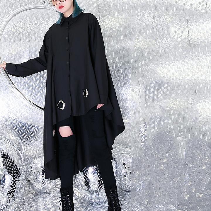 Baggy Black Knee Dress Cotton Dress Asymmetrical Design Peter Pan Collar Clothing Dress
