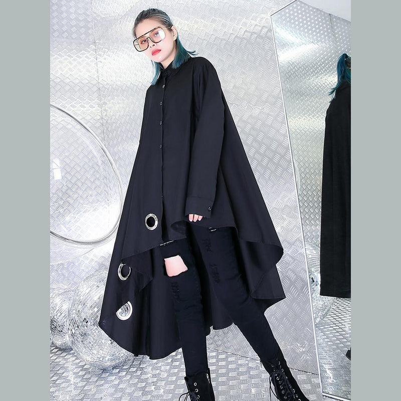 Baggy Black Knee Dress Cotton Dress Asymmetrical Design Peter Pan Collar Clothing Dress