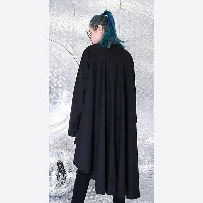 Baggy Black Knee Dress Cotton Dress Asymmetrical Design Peter Pan Collar Clothing Dress