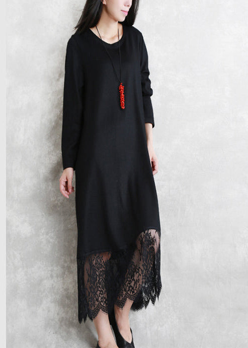 Baggy Black Long Wool Blended Dresses O Neck Patchwork Traveling Dress Long Sleeve Lace Autumn Dress
