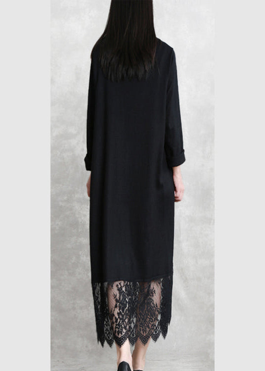 Baggy Black Long Wool Blended Dresses O Neck Patchwork Traveling Dress Long Sleeve Lace Autumn Dress