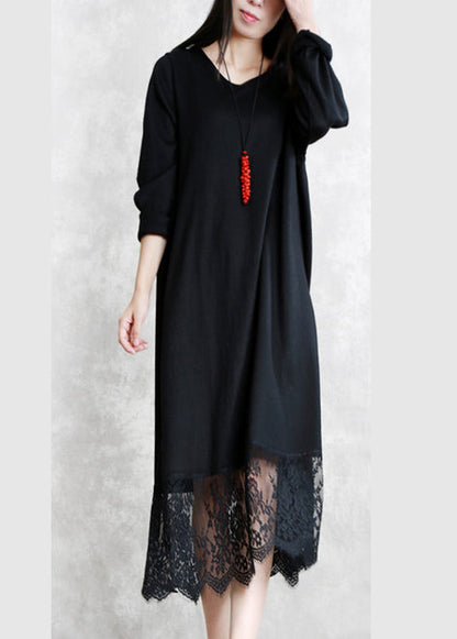 Baggy Black Long Wool Blended Dresses O Neck Patchwork Traveling Dress Long Sleeve Lace Autumn Dress
