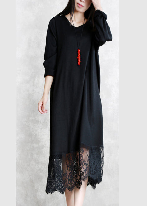 Baggy Black Long Wool Blended Dresses O Neck Patchwork Traveling Dress Long Sleeve Lace Autumn Dress