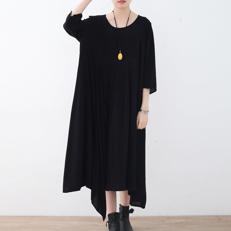 Baggy Black Natural Chiffon Dress Asymmetric Hem Caftans New O Neck Gown