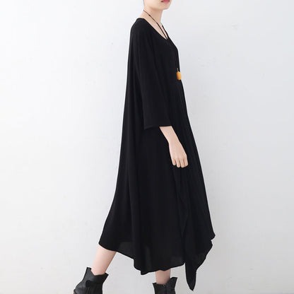Baggy Black Natural Chiffon Dress Asymmetric Hem Caftans New O Neck Gown