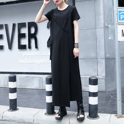 Baggy Black Natural Cotton Dress Dress One Side Long Hem Sleeveless Cotton Clothing Dress