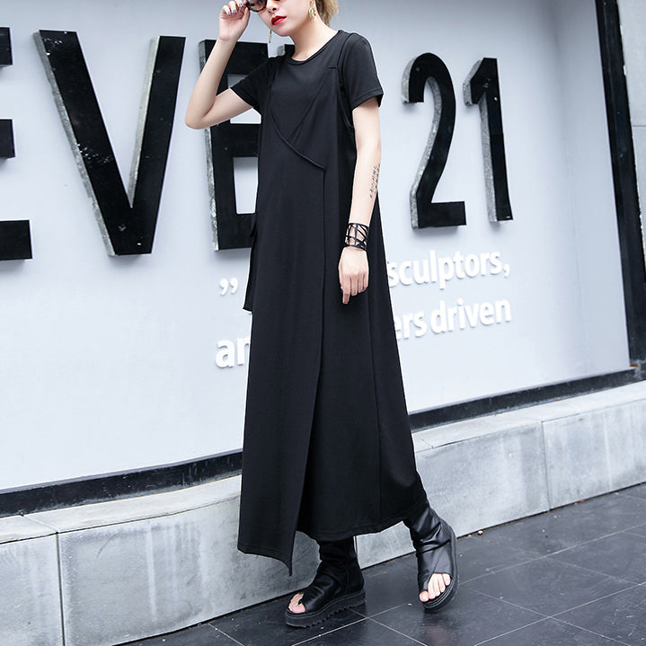 Baggy Black Natural Cotton Dress Dress One Side Long Hem Sleeveless Cotton Clothing Dress