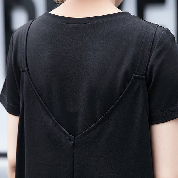 Baggy Black Natural Cotton Dress Dress One Side Long Hem Sleeveless Cotton Clothing Dress