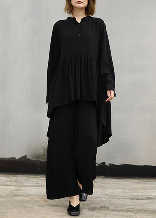 Baggy Black Natural Cotton T Shirt Two Pieces Loose Fitting Stand Collar Cinched Holiday Tops Baggy Trousers