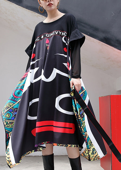 Baggy Black Print Long Cotton Dress Patchwork Tulle Tie Cotton Dress New Asymmetric Hem Dresses