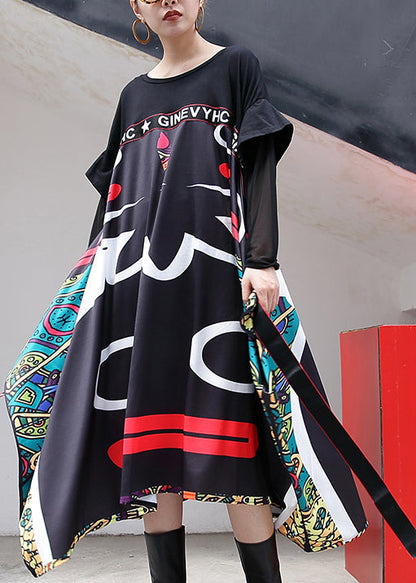 Baggy Black Print Long Cotton Dress Patchwork Tulle Tie Cotton Dress New Asymmetric Hem Dresses