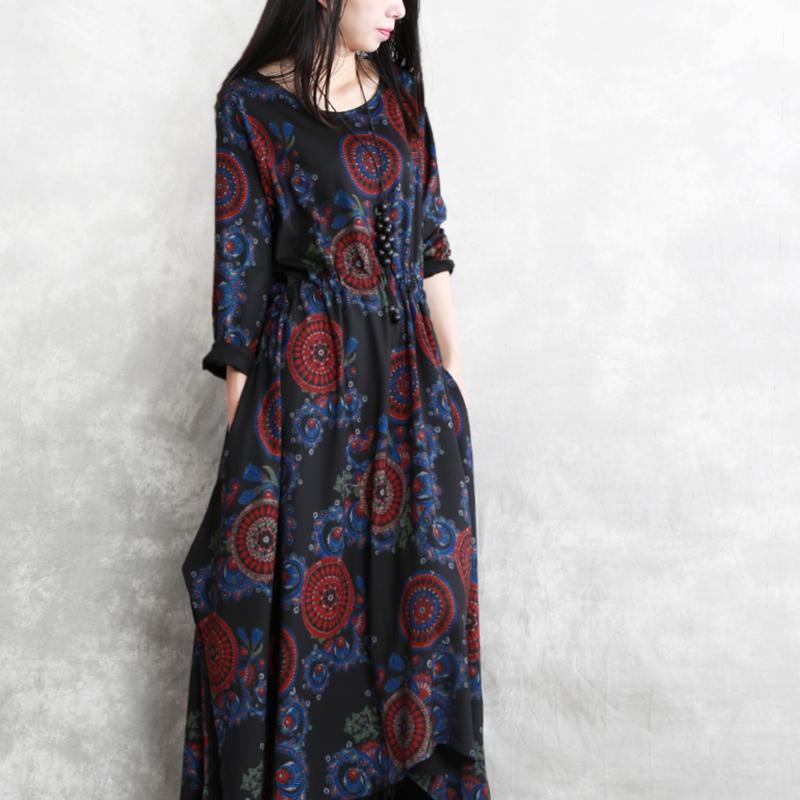 Baggy Black Print Natural Cotton Blended Dress Clothing O Neck Pockets Cotton Blended Gown Boutique Long Sleeve Tie Waist Autumn Dress