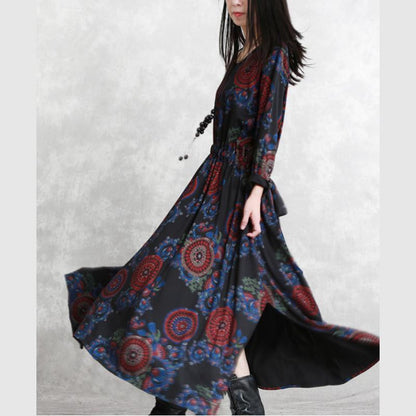 Baggy Black Print Natural Cotton Blended Dress Clothing O Neck Pockets Cotton Blended Gown Boutique Long Sleeve Tie Waist Autumn Dress