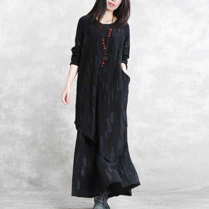 Baggy Black Pure Cotton Blended Blouse Two Pieces New Long Sleeve Asymmetric O Neck Jacquard Tops