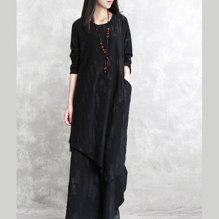 Baggy Black Pure Cotton Blended Blouse Two Pieces New Long Sleeve Asymmetric O Neck Jacquard Tops