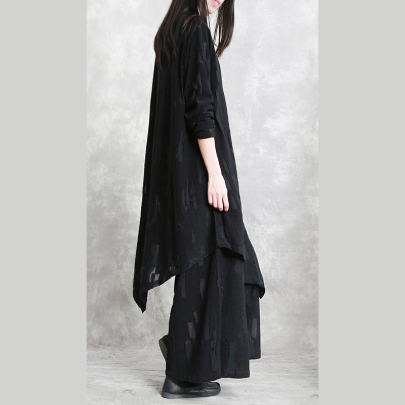 Baggy Black Pure Cotton Blended Blouse Two Pieces New Long Sleeve Asymmetric O Neck Jacquard Tops