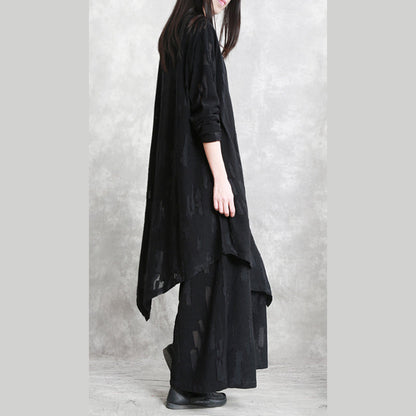 Baggy Black Pure Cotton Blended Blouse Two Pieces New Long Sleeve Asymmetric O Neck Jacquard Tops