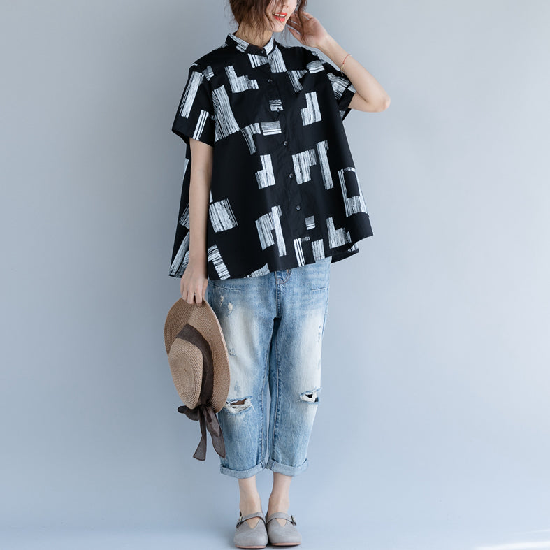 Baggy Black Pure Cotton Tops Linen Maxi T Shirts Boutique Stand Short Sleeve Striped Clothing Tops
