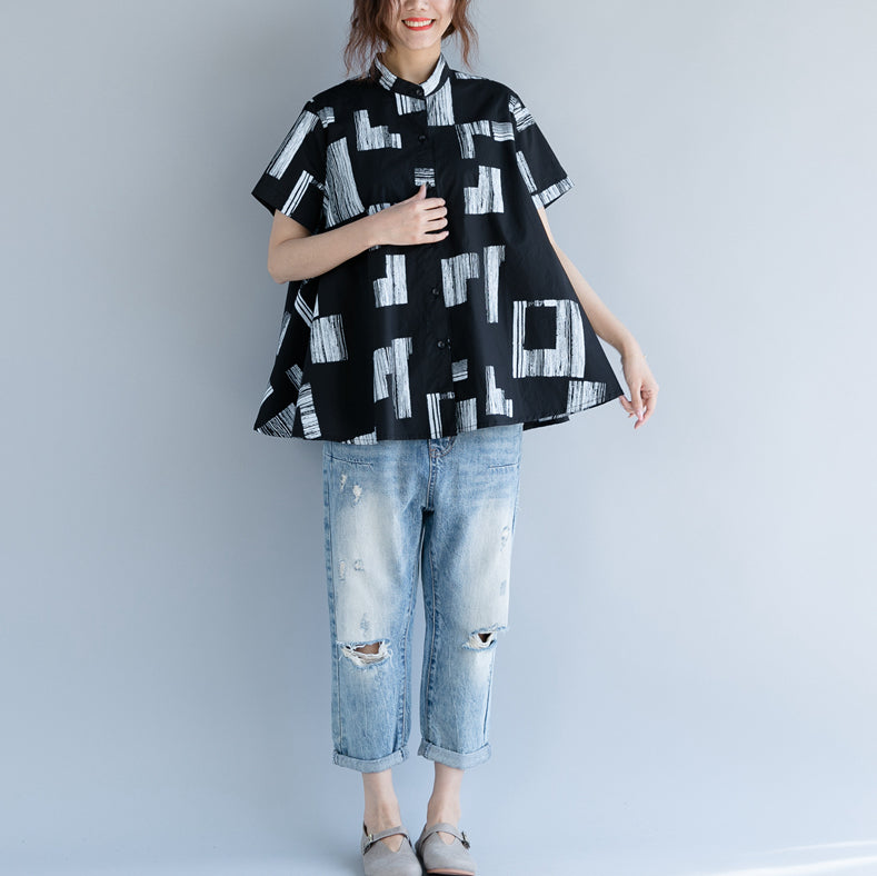 Baggy Black Pure Cotton Tops Linen Maxi T Shirts Boutique Stand Short Sleeve Striped Clothing Tops