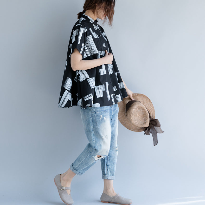Baggy Black Pure Cotton Tops Linen Maxi T Shirts Boutique Stand Short Sleeve Striped Clothing Tops