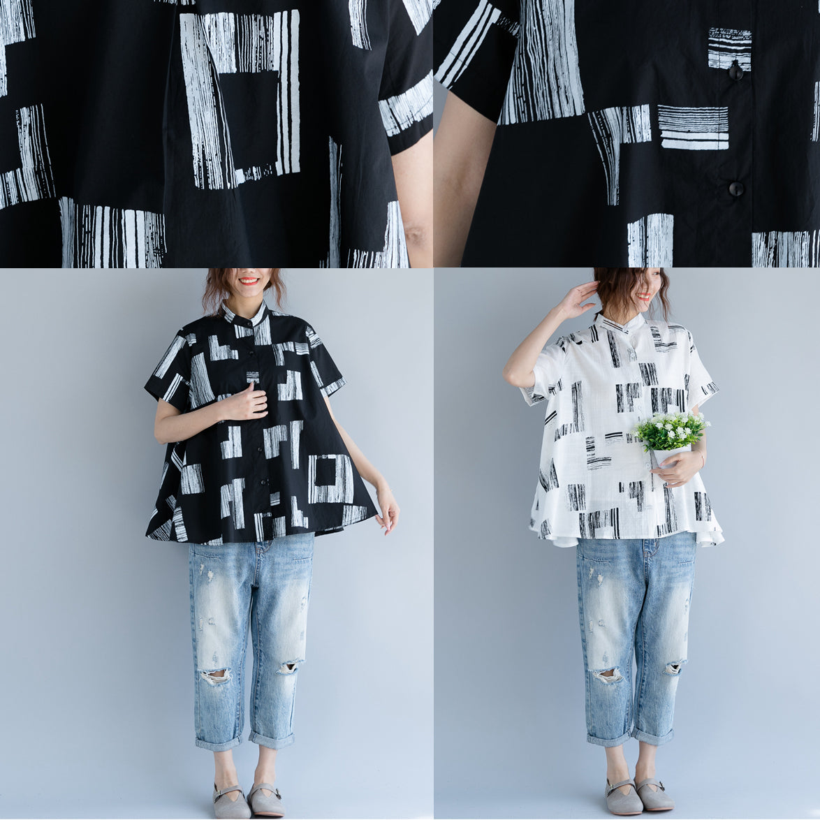 Baggy Black Pure Cotton Tops Linen Maxi T Shirts Boutique Stand Short Sleeve Striped Clothing Tops