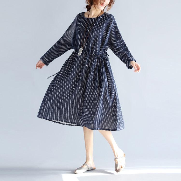 Baggy Blue Cotton Linen Knee Dress Traveling Clothing Long Sleeve Large Hem O Neck Dotted Knee Dresses