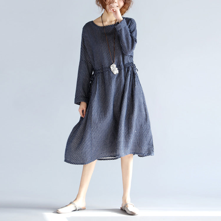 Baggy Blue Cotton Linen Knee Dress Traveling Clothing Long Sleeve Large Hem O Neck Dotted Knee Dresses