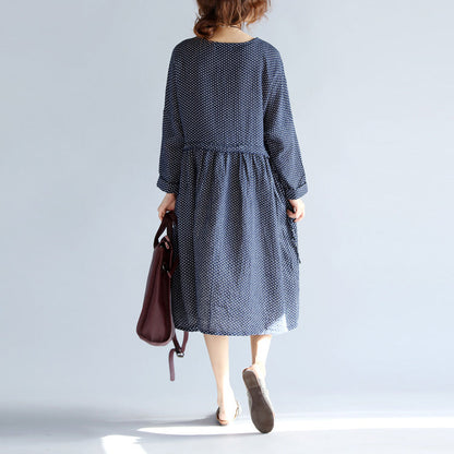 Baggy Blue Cotton Linen Knee Dress Traveling Clothing Long Sleeve Large Hem O Neck Dotted Knee Dresses