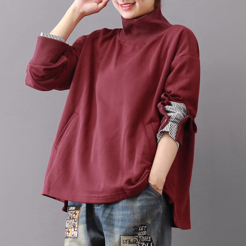 Baggy Burgundy Midi-length Cotton T Shirt Traveling Blouse Long Sleeve High Collar Cotton Clothing
