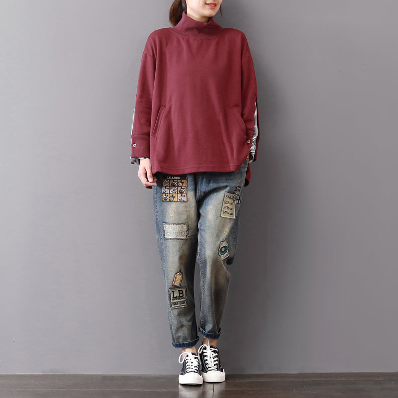 baggy burgundy Midi-length cotton t shirt plus size traveling blouse vintage long sleeve high collar cotton clothing