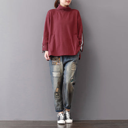 baggy burgundy Midi-length cotton t shirt plus size traveling blouse vintage long sleeve high collar cotton clothing