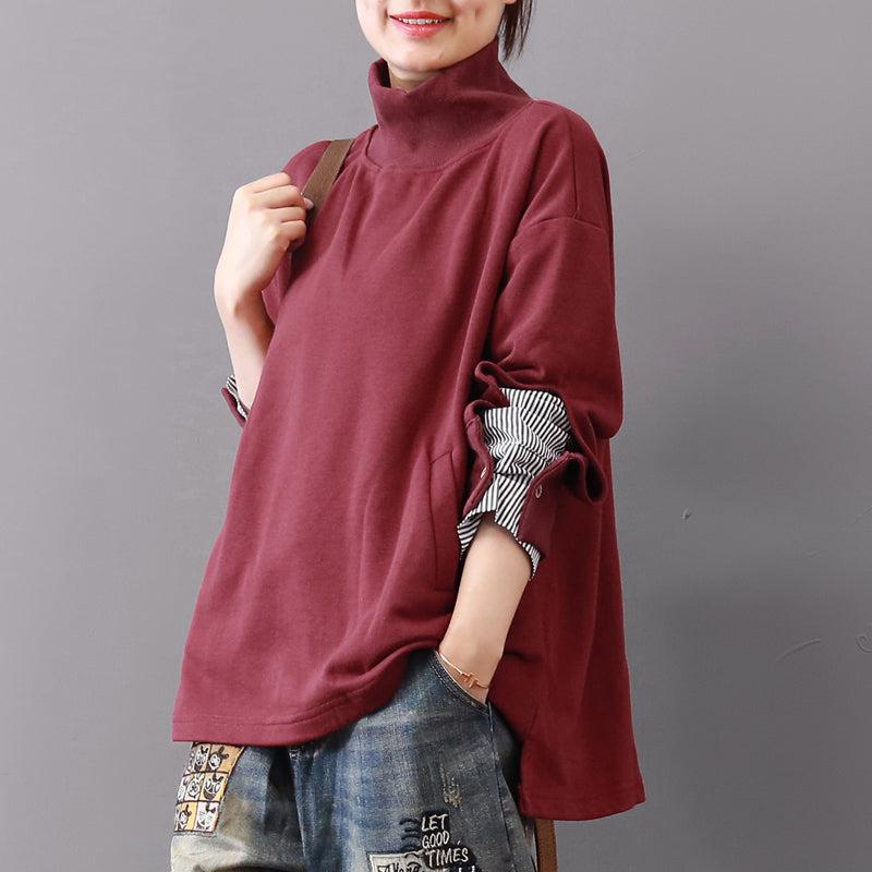 Baggy Burgundy Midi-length Cotton T Shirt Traveling Blouse Long Sleeve High Collar Cotton Clothing