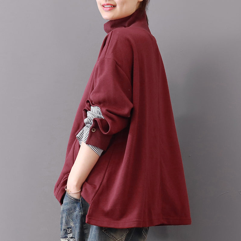 Baggy Burgundy Midi-length Cotton T Shirt Traveling Blouse Long Sleeve High Collar Cotton Clothing