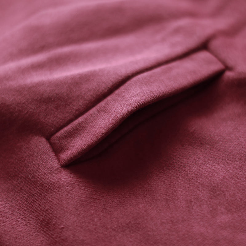 Baggy Burgundy Midi-length Cotton T Shirt Traveling Blouse Long Sleeve High Collar Cotton Clothing