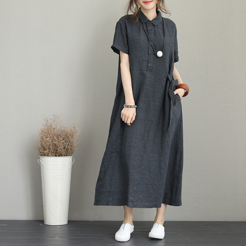Baggy Dark Gray Long Linen Dresses Side Tie Waist Maxi Dress Lapel Collar Linen Caftans
