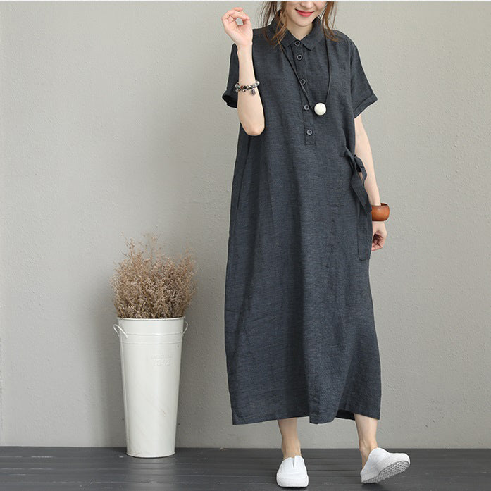 Baggy Dark Gray Long Linen Dresses Side Tie Waist Maxi Dress Lapel Collar Linen Caftans