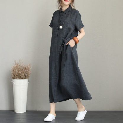 Baggy Dark Gray Long Linen Dresses Side Tie Waist Maxi Dress Lapel Collar Linen Caftans